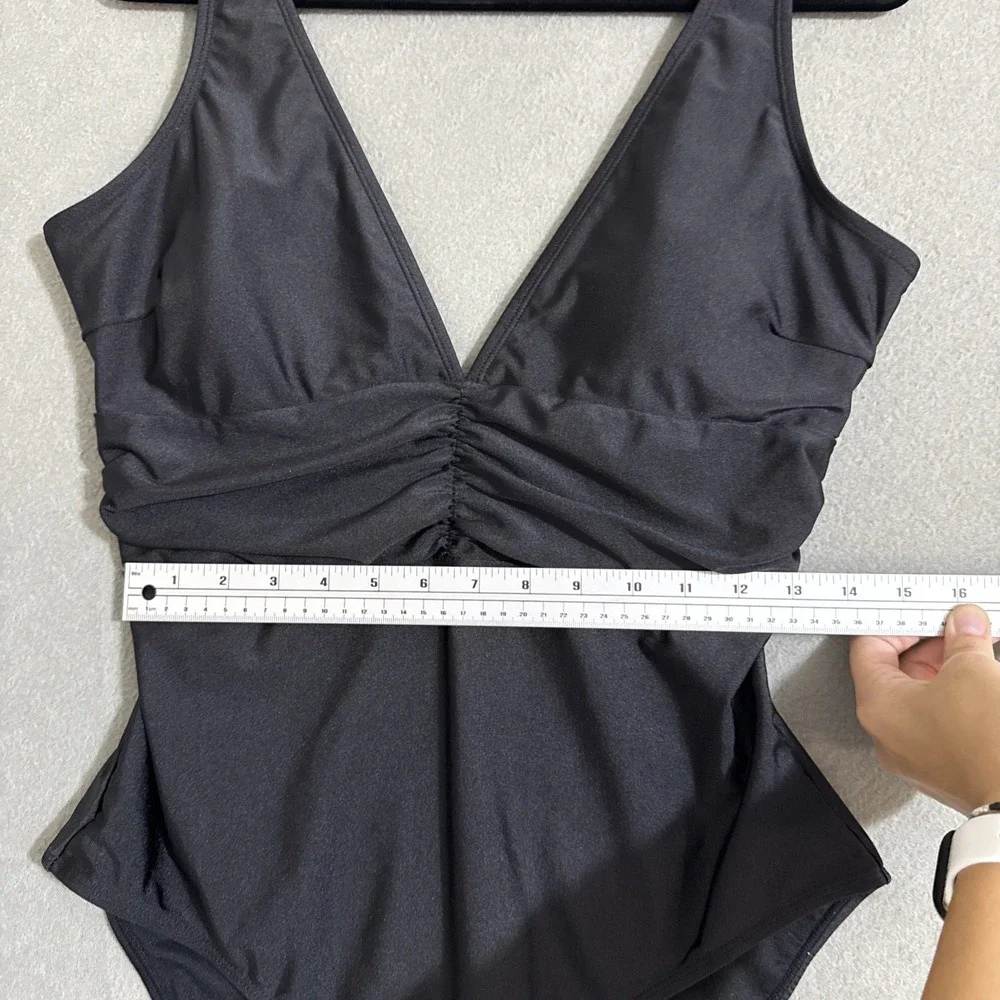 Women's Swimsuit One Piece Size 14 Black Deep V‎ Flattering Cut Your Best Look